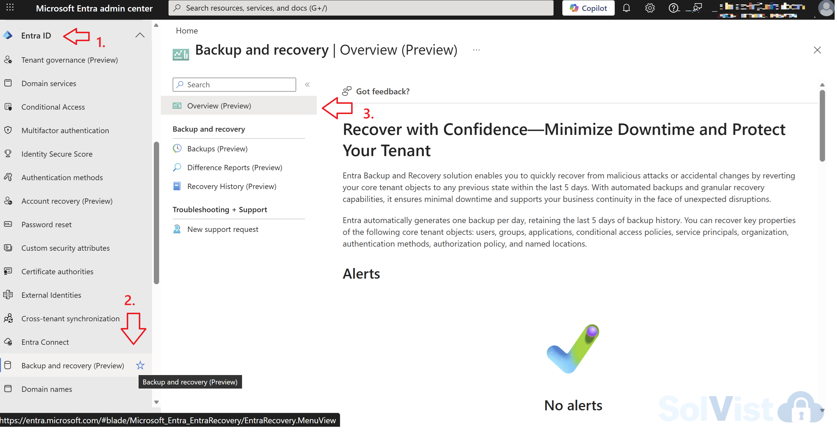 Microsoft Entra Admin Center: Backup and recovery Übersicht in der Preview